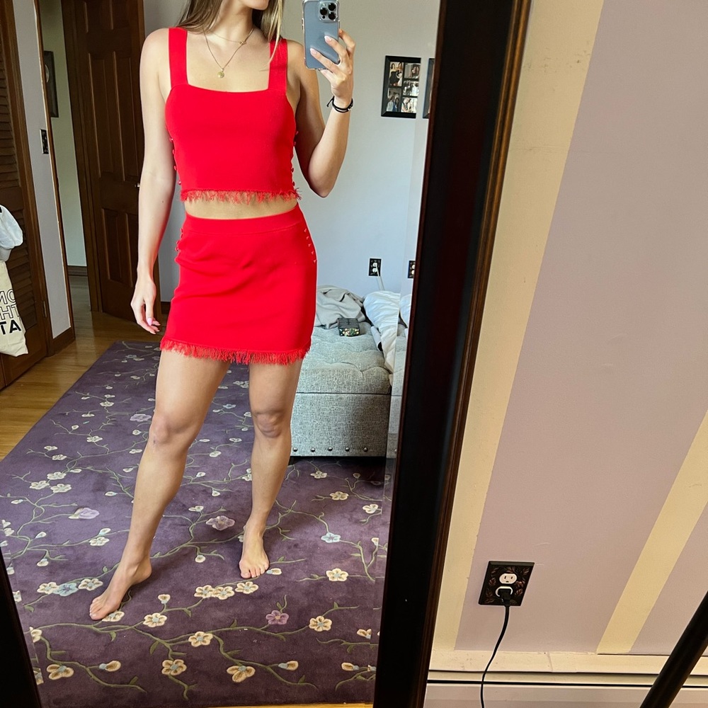 Red Fringe Skirt Set